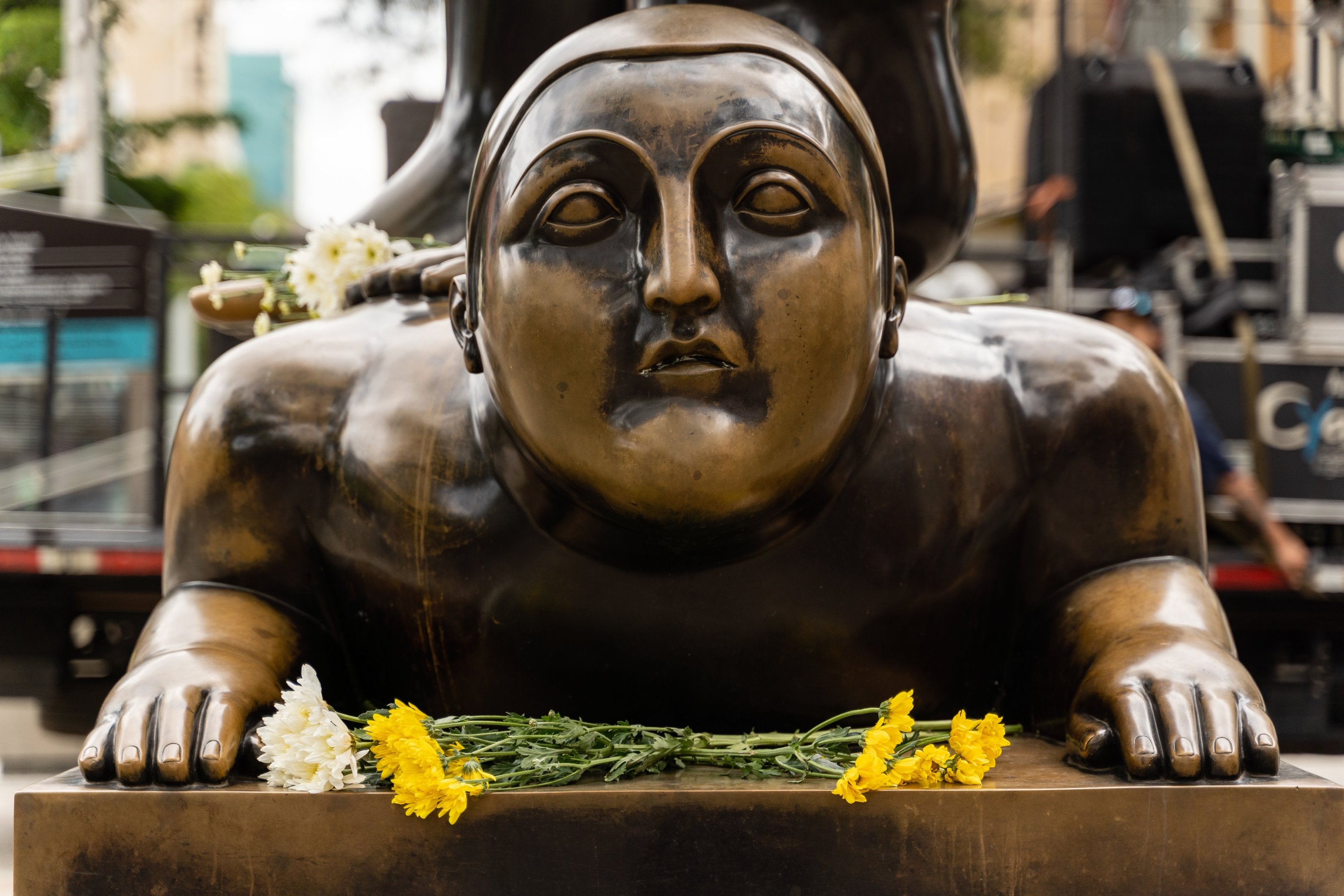 Antioquia farmers leave flowers at bronze statues in Botero Square, named in honor of Fernando Botero, Medellin, Colombia, Sept. 15, 2023. (AA Photo)