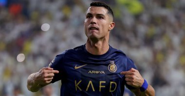 Nassr&#039;s Cristiano Ronaldo celebrates his second goal during the Saudi Pro League football match against Al-Shabab, Riyadh, Saudi Arabia, Aug. 29, 2023. (AFP Photo)