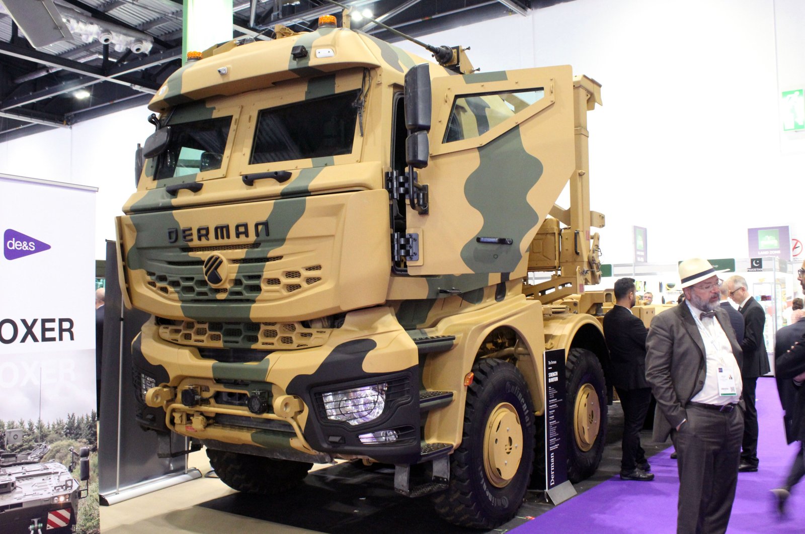 A DERMAN 8x8 armored logistic support vehicle is displayed at the Defence and Security Equipment International (DSEI) 2023, London, U.K., Sept. 14, 2023. (AA Photo)