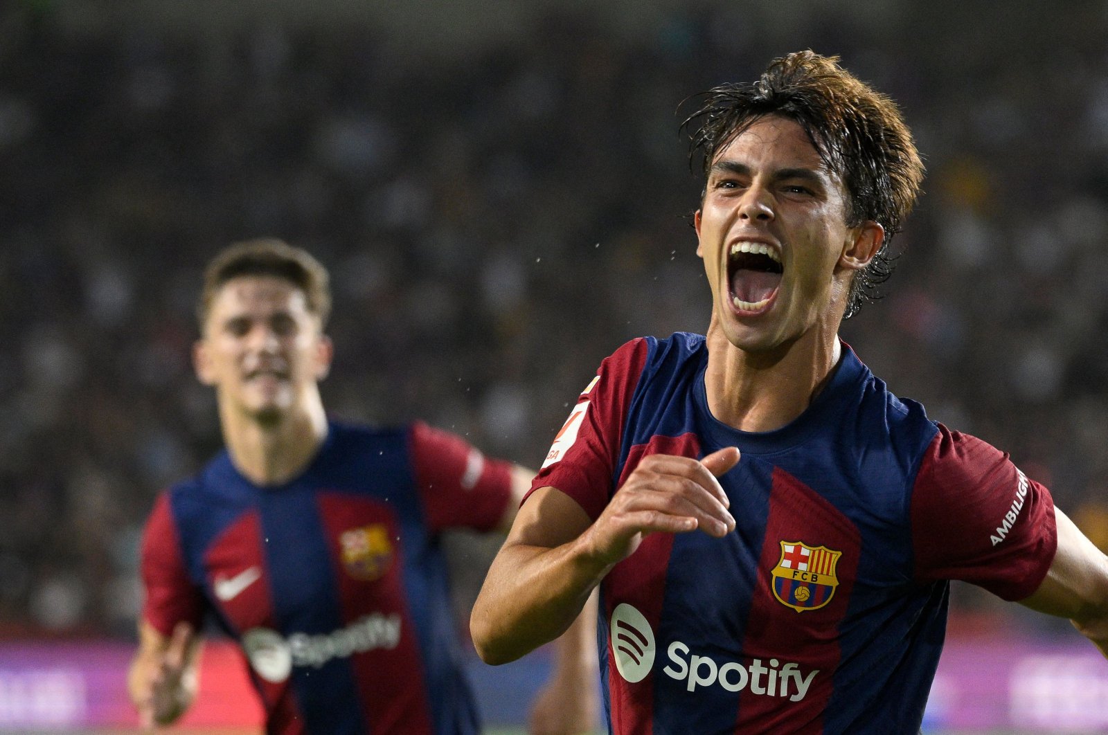 Barcelona&#039;s Joao Felix celebrates after scoring his team&#039;s first goal during the La Liga match against Real Betis at the Estadi Olimpic Lluis Companys, Barcelona, Spain, Sept. 16, 2023. (AFP Photo)
