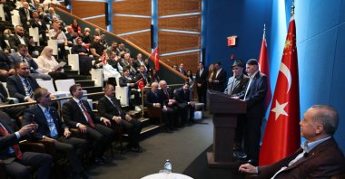 Ahıska Turk Mihrali Mametoğlu speaks as President Recep Tayyip Erdoğan (R) listens during the event in New York, United States, Sept. 17, 2023. (IHA Photo)