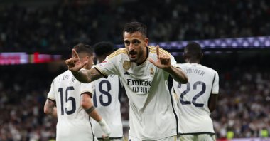 Real Madrid's Joselu celebrates scoring his team's second goal during the La Liga football match against Real Sociedad at the Santiago Bernabeu stadium, Madrid, Spain, Sept. 17, 2023. (AFP Photo)