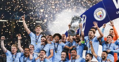 Then-Manchester City captain Ilkay Gundogan (C) raises the 2023 Champions League trophy after winning Inter Milano during the UEFA Champions League 2022-23 final match against Inter Milan at Ataturk Olympic Stadium, Istanbul, Türkiye, June 10, 2023. (Getty Images Photo)