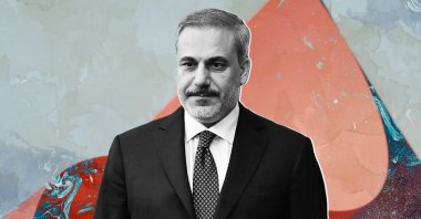 A photo depicts Hakan Fidan, the foreign minister of the Republic of Türkiye. (AA Photo - edited by Büşra Öztürk)