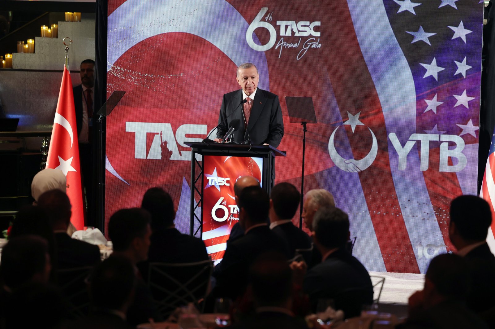 President Recep Tayyip Erdoğan addresses the TASC event, in New York, U.S., Sept. 17, 2023. (AA Photo)