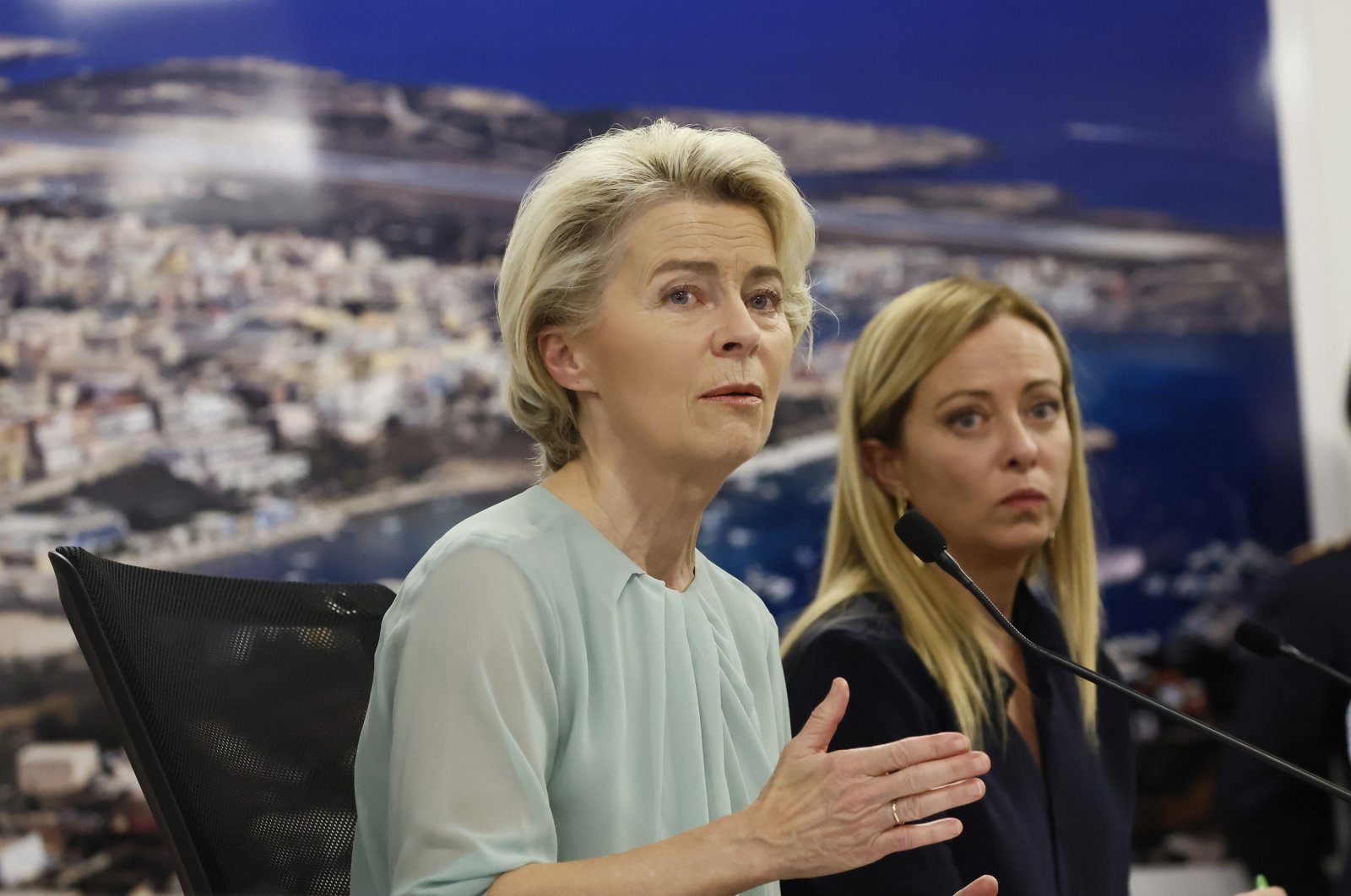 European Commission President Ursula von der Leyen (L) and Italy&#039;s Premier Giorgia Meloni (R) address the media during a joint press conference on Lampedusa, Italy, Sept. 17, 2023. (AP Photo)