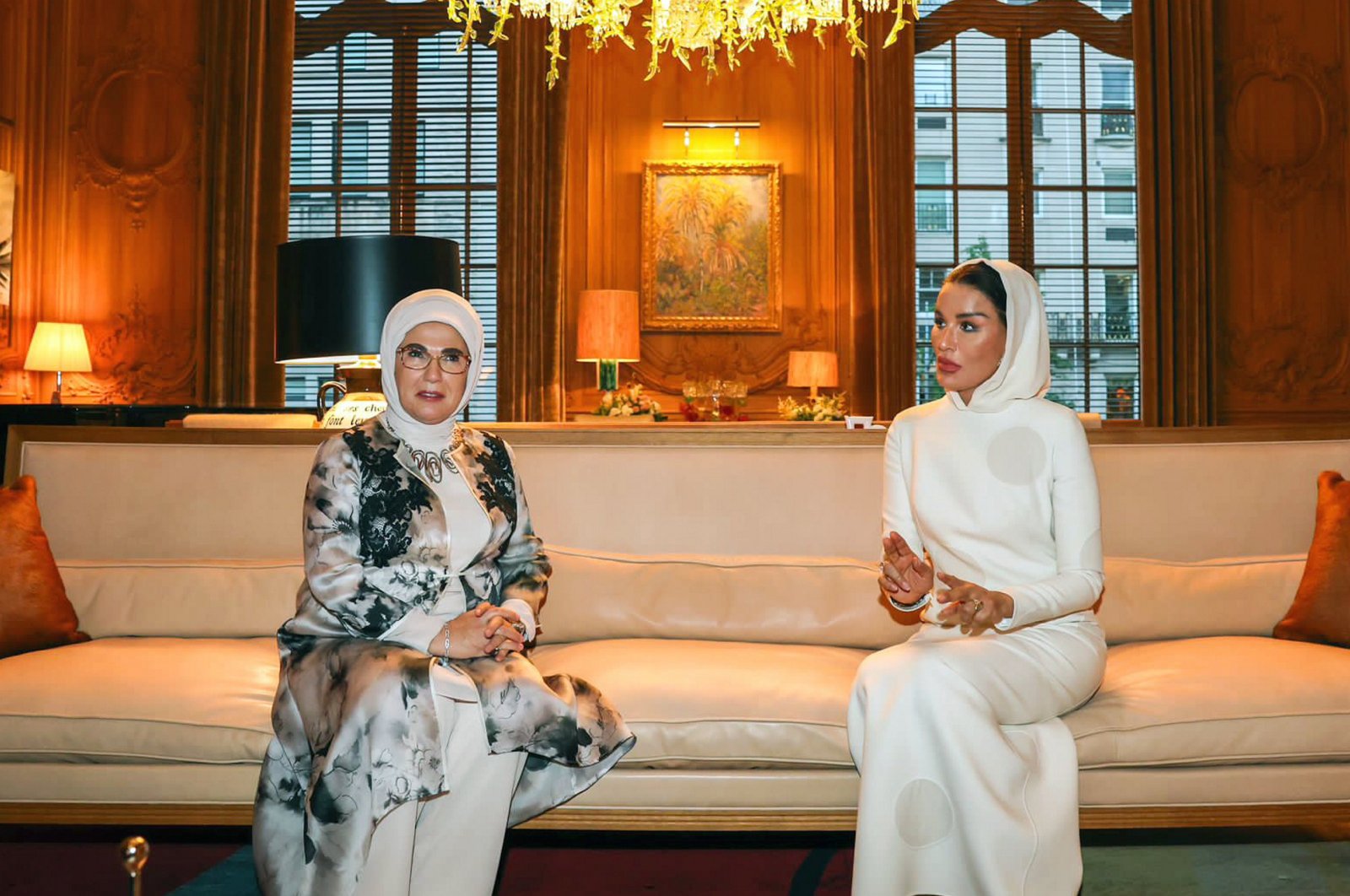 First lady Emine Erdoğan with Qatar&#039;s Sheikha Moza bint Nasser Al Missned attend the 78th General Assembly of the United Nations, New York, U.S., Sept. 17, 2023.  (AA Photo)