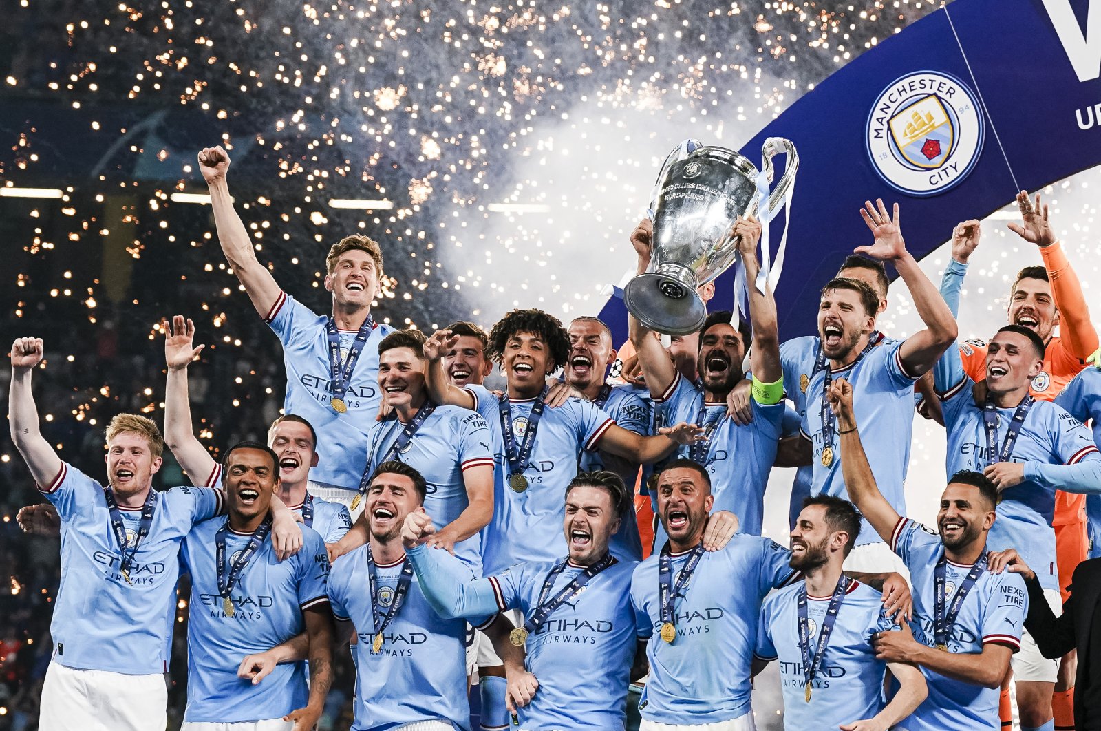 Then-Manchester City captain Ilkay Gundogan (C) raises the 2023 Champions League trophy after winning Inter Milano during the UEFA Champions League 2022-23 final match against Inter Milan at Ataturk Olympic Stadium, Istanbul, Türkiye, June 10, 2023. (Getty Images Photo)