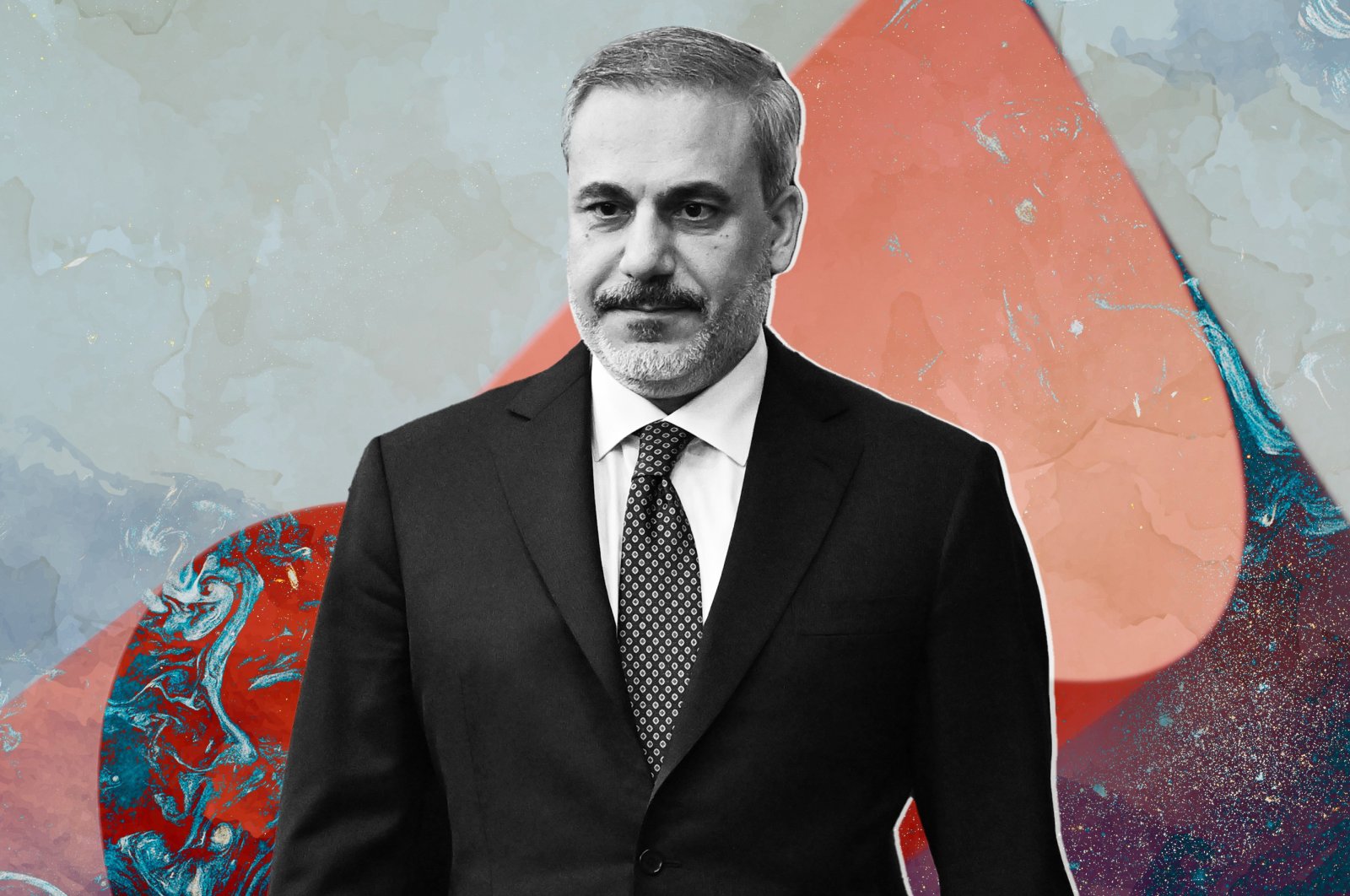 A photo depicts Hakan Fidan, the foreign minister of the Republic of Türkiye. (AA Photo - edited by Büşra Öztürk)