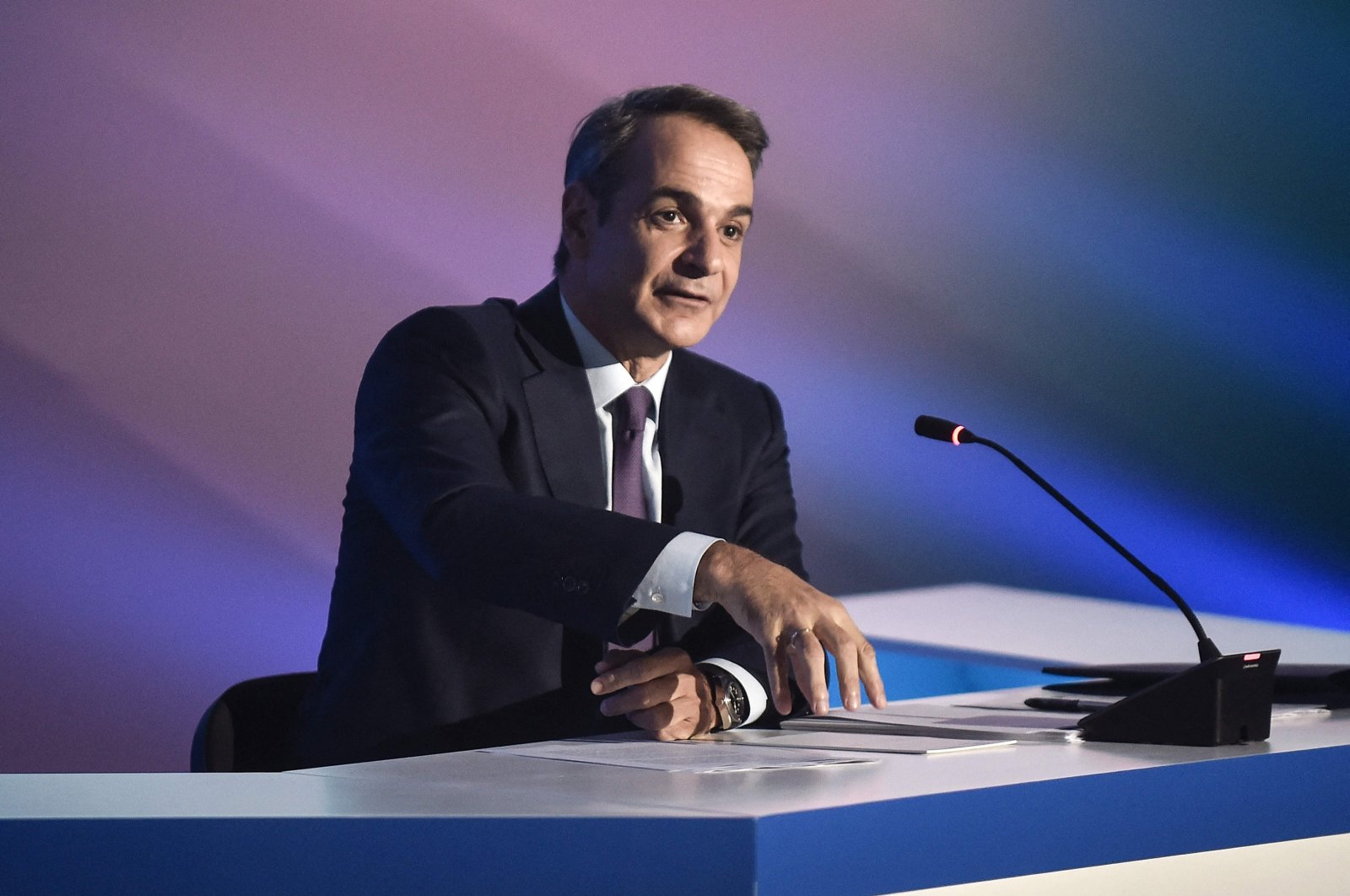 Greek Prime Minister Kyriakos Mitsotakis speaks during a news conference at the Thessaloniki International Fair, Thessaloniki, northern Greece, Sept. 17, 2023. (AFP Photo)
