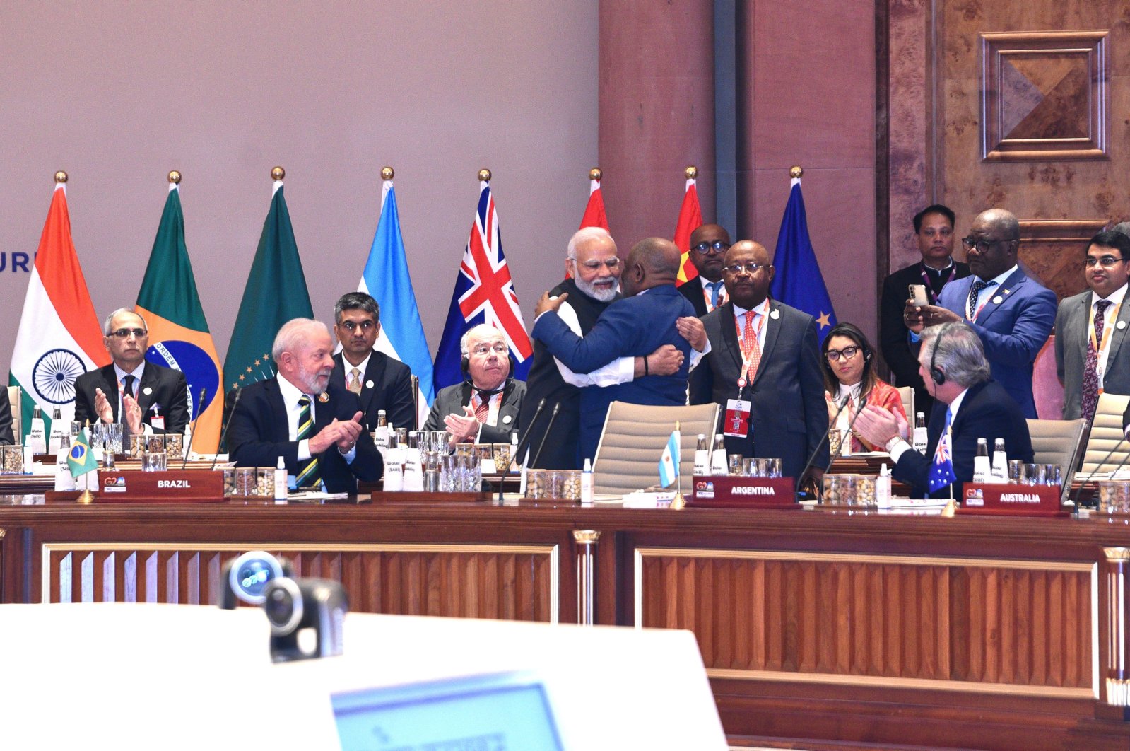 Indian Prime Minister Narendra Modi (C-L) embracing President of the Union of Comoros and Chairperson of the African Union (AU), Azali Assoumani, (C-R) during the G-20 Summit at ITPO Convention Centre Pragati Maidan in New Delhi, India, Sept. 9, 2023. (EPA Photo)