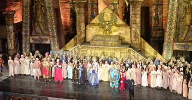 The full cast of &quot;Aida&quot; with the conductor Fabrizio Maria Carminati, Antalya, Türkiye, Sept. 4, 2023. (Photo by Peter Dore)