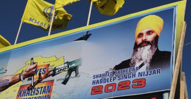 A mural features the image of the assassinated Sikh separatist leader Hardeep Singh Nijjar, in Surrey, British Columbia, Canada, Sept. 18, 2023. (Reuters Photo)