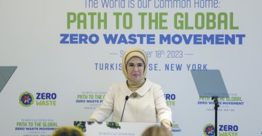 First lady Emine Erdoğan speaks at the event "Towards a Global Zero Waste Movement," New York, U.S., Sept. 18, 2023. (AA Photo)
