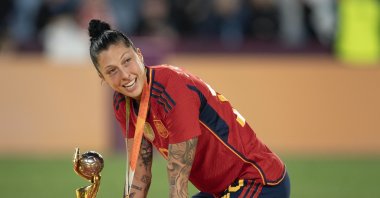 A smiling Jennifer Hermoso of Spain with the FIFA Women's World Cup winners' trophy after the FIFA Women's World Cup Australia and New Zealand 2023 final match between Spain and England at Stadium Australia, Sydney, Australia, Aug. 20, 2023. (Getty Images Photo)