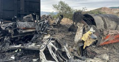 The wreckage of a truck that exploded after hitting land mines planted by illegal Armenian forces lies in heaps, Karabakh, Azerbaijan, Sept. 19, 2023. (AA Photo)
