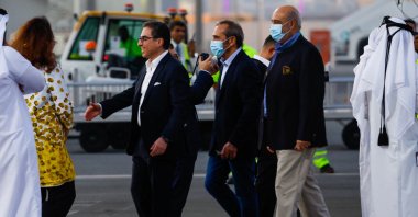 US citizens Siamak Namazi (2nd L), Emad Sharqi (C) and Morad Tahbaz (R) are greeted upon their arrival at Doha, Qatar, Sept. 18, 2023. (AFP Photo)