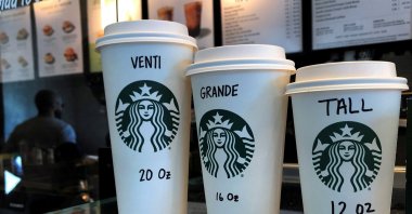 Starbucks cups are pictured on a counter in the Manhattan borough of New York City, New York, U.S., Feb. 16, 2022. (Reuters Photo)