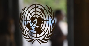 The U.N. logo is seen on a door at the United Nations headquarters in New York City, United States, Sept. 15, 2023. (AFP Photo)