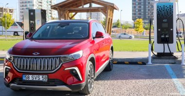 A T10X model of Türkiye's first domestic car brand, Togg, charges at a station set up in central Sivas province, Türkiye, Sept. 13, 2023. (IHA Photo)