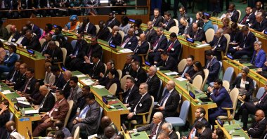Minister of Foreign Affairs Hakan Fidan attended the discussions of the 78th U.N. General Assembly at the United Nations (UN) General Assembly Hall, in New York City, Sept. 18, 2023. (AA Photo)
