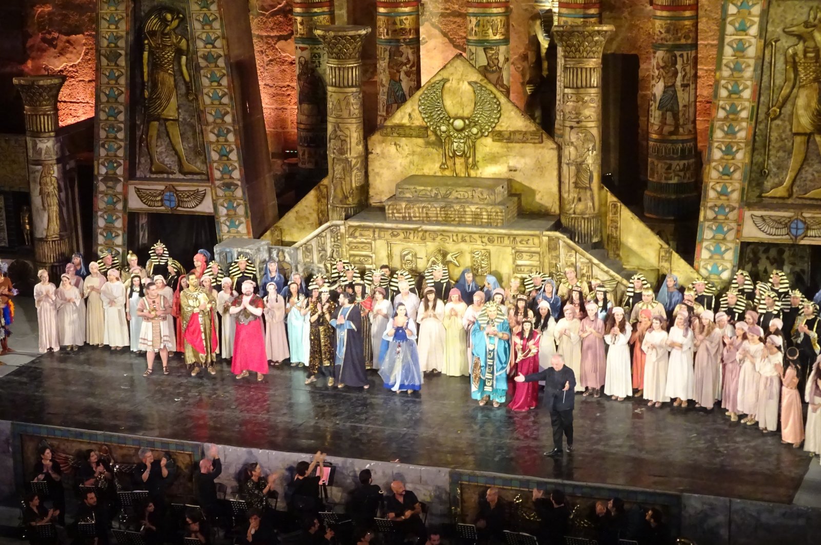The full cast of &quot;Aida&quot; with the conductor Fabrizio Maria Carminati, Antalya, Türkiye, Sept. 4, 2023. (Photo by Peter Dore)