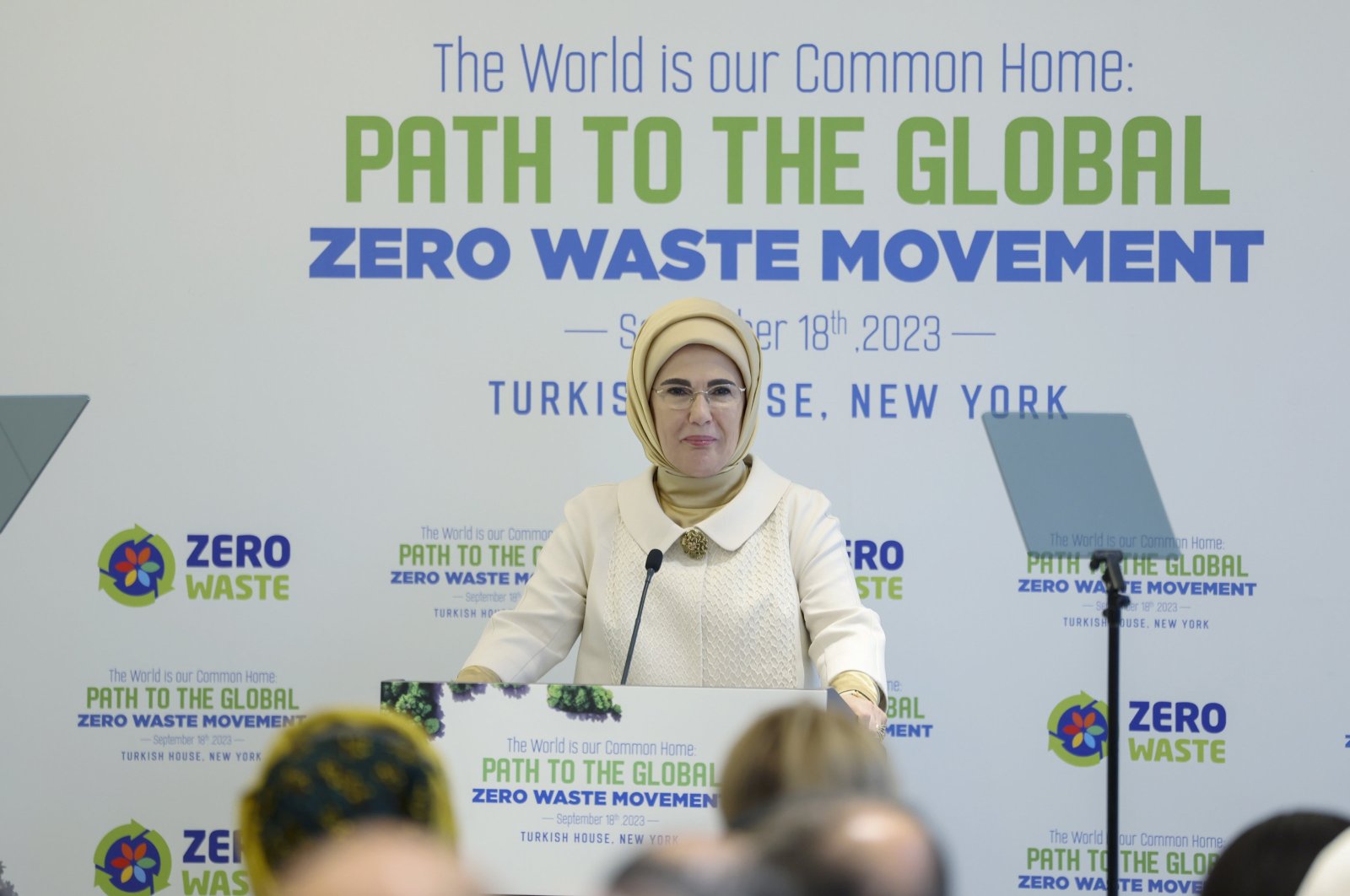 First lady Emine Erdoğan speaks at the event "Towards a Global Zero Waste Movement," New York, U.S., Sept. 18, 2023. (AA Photo)