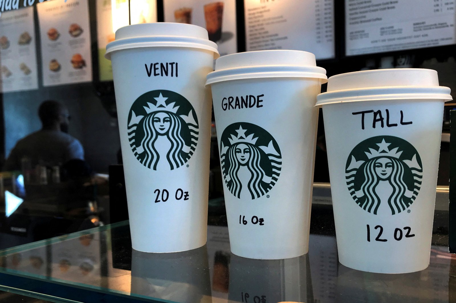 Starbucks cups are pictured on a counter in the Manhattan borough of New York City, New York, U.S., Feb. 16, 2022. (Reuters Photo)