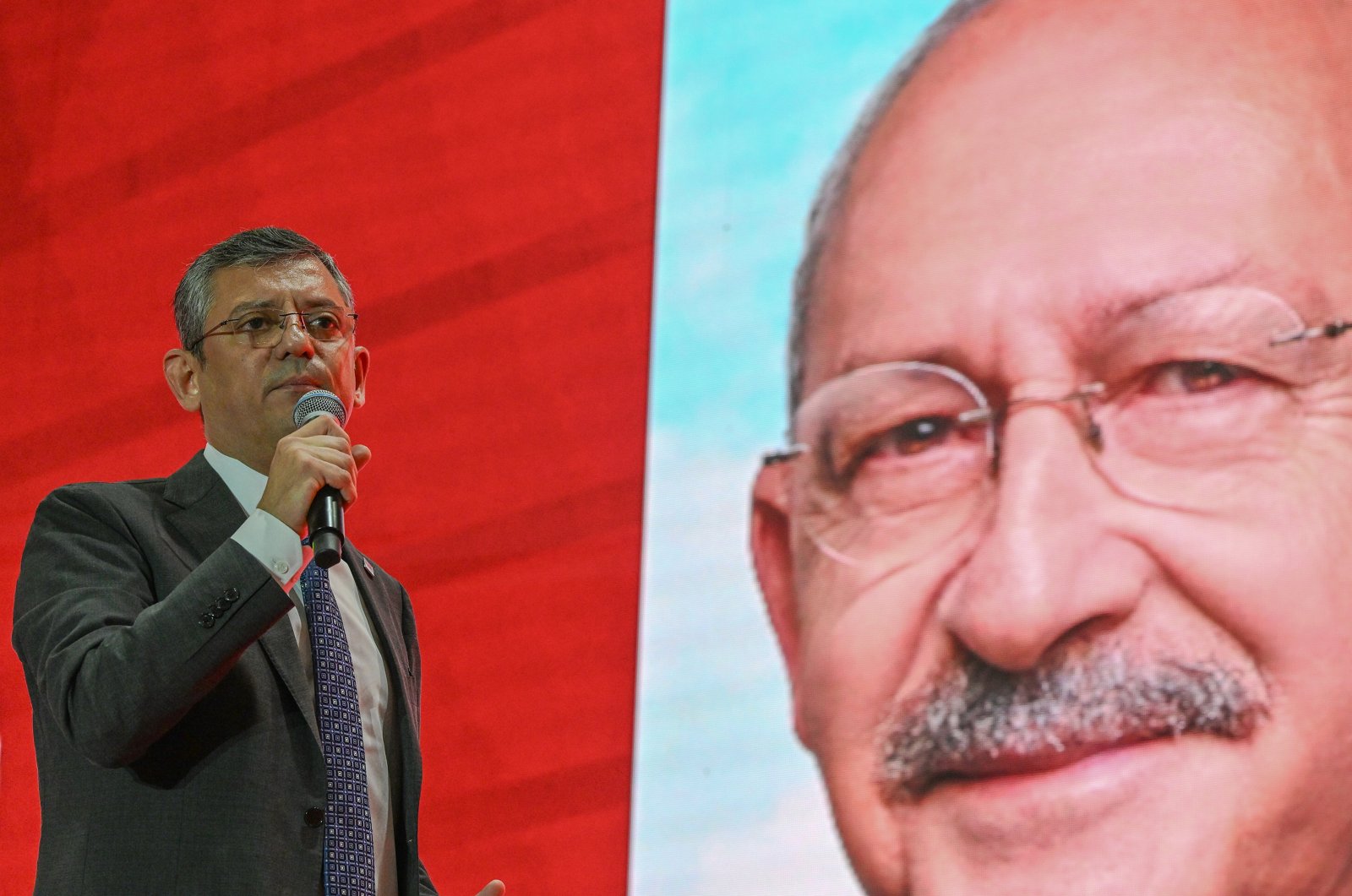 Republican People&#039;s Party (CHP) Group Chair Özgür Özel speaks at a congress a day after challenging party leader Kemal Kılıçdaroğlu in intraparty elections, Izmir, Türkiye, Sept. 16, 2023. (AA Photo)