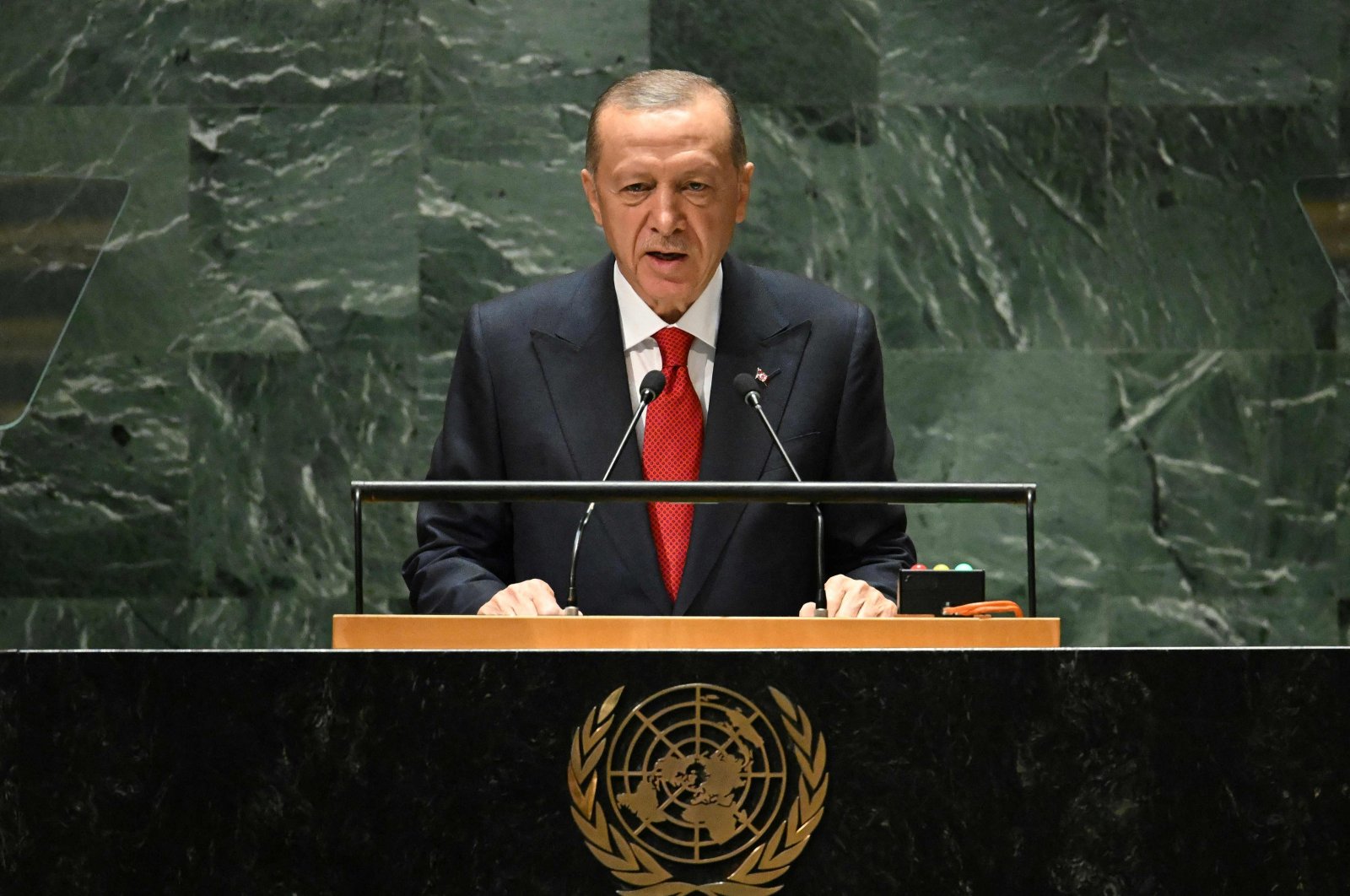 President Recep Tayyip Erdoğan addresses the 78th United Nations General Assembly at UN headquarters in New York City on Sept. 19, 2023. (AFP Photo)
