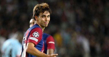 Barcelona&#039;s Joao Felix celebrates after scoring his team&#039;s fifth goal during the UEFA Champions League 1st round day 1 Group H football match between FC Barcelona and Royal Antwerp FC at the Estadi Olimpic Lluis Companys, Barcelona, Spain, Sept. 19, 2023. (AFP Photo)