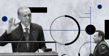 An illustration of President Recep Tayyip Erdoğan (L) addressing the 78th United Nations General Assembly at U.N. headquarters, and Elon Musk (R) holding the book &quot;A Fairer World is Possible,&quot; originally titled &quot;Daha Adil Bir Dünya Mümkün&quot; in Turkish and published by Turkuvaz Kitap. (Illustration by Büşra Öztürk)