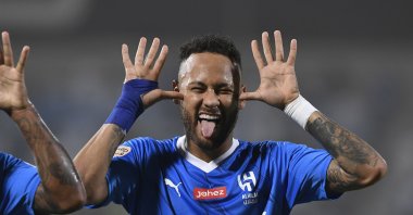 Al-Hilal's Neymar celebrates after assisting in the 4-0 goal during the Saudi League match between Al-Hilal and Al-Riyadh at Prince Faisal bin Fahd Stadium, Riyadh, Saudi Arabia, Sept. 15, 2023. (EPA Photo)