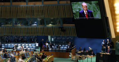 President Recep Tayyip Erdoğan speaks at the U.N. General Assembly, New York, United States, Sept. 20, 2023. (İHA Photo)
