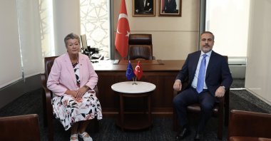 Foreign Minister Hakan Fidan, EU Commissioner for Home Affairs Ylva Johansson hold a meeting at the Turkish House in New York, Sept. 20, 2023. (AA Photo)