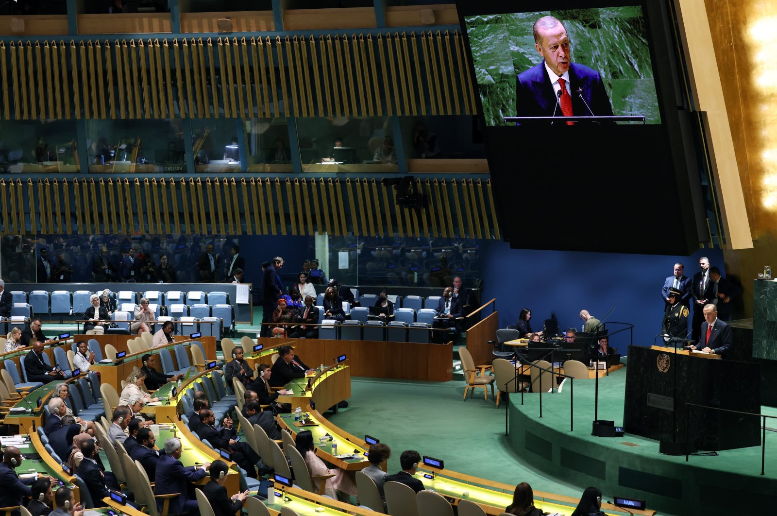 President Recep Tayyip Erdoğan speaks at the U.N. General Assembly, New York, United States, Sept. 20, 2023. (İHA Photo)