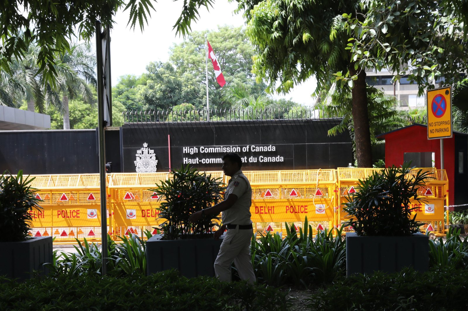 An Indian policeman patrols in front of the Canadian embassy in New Delhi, India, Sept. 19, 2023. (EPA Photo)