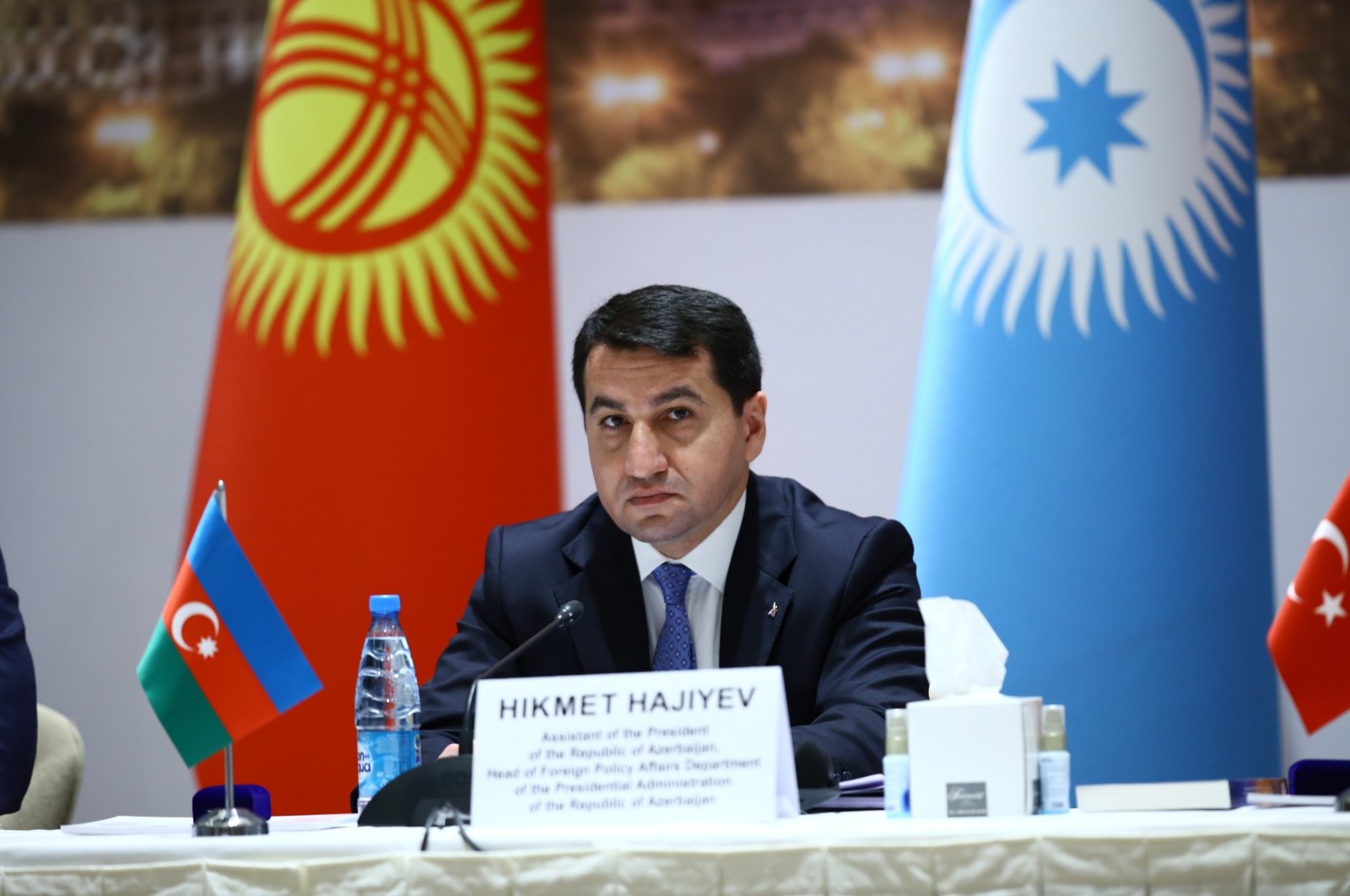 Azerbaijani presidential aide Hikmet Hajiyev speaking at the Turkic Council in the capital Baku, Azerbaijan, April 10, 2021. (AA File Photo)