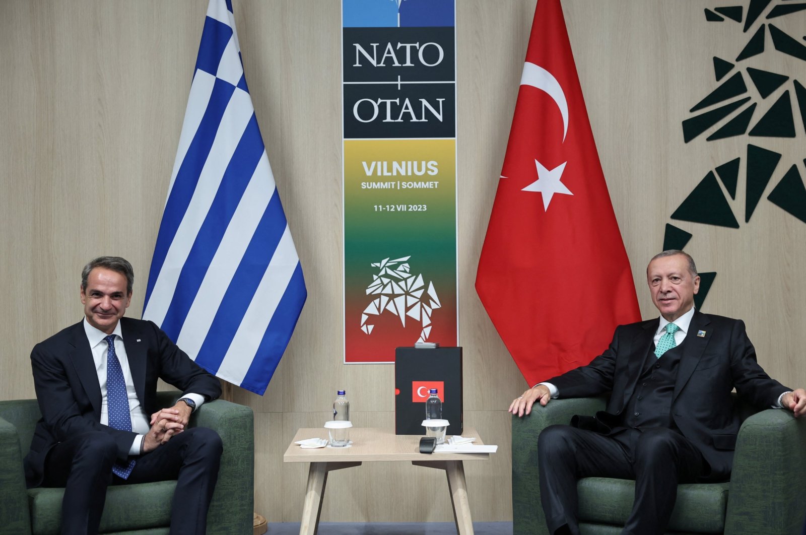 President Recep Tayyip Erdoğan meets with Greek Prime Minister Kyriakos Mitsotakis during a NATO leaders summit in Vilnius, Lithuania, July 12, 2023. (Reuters File Photo)