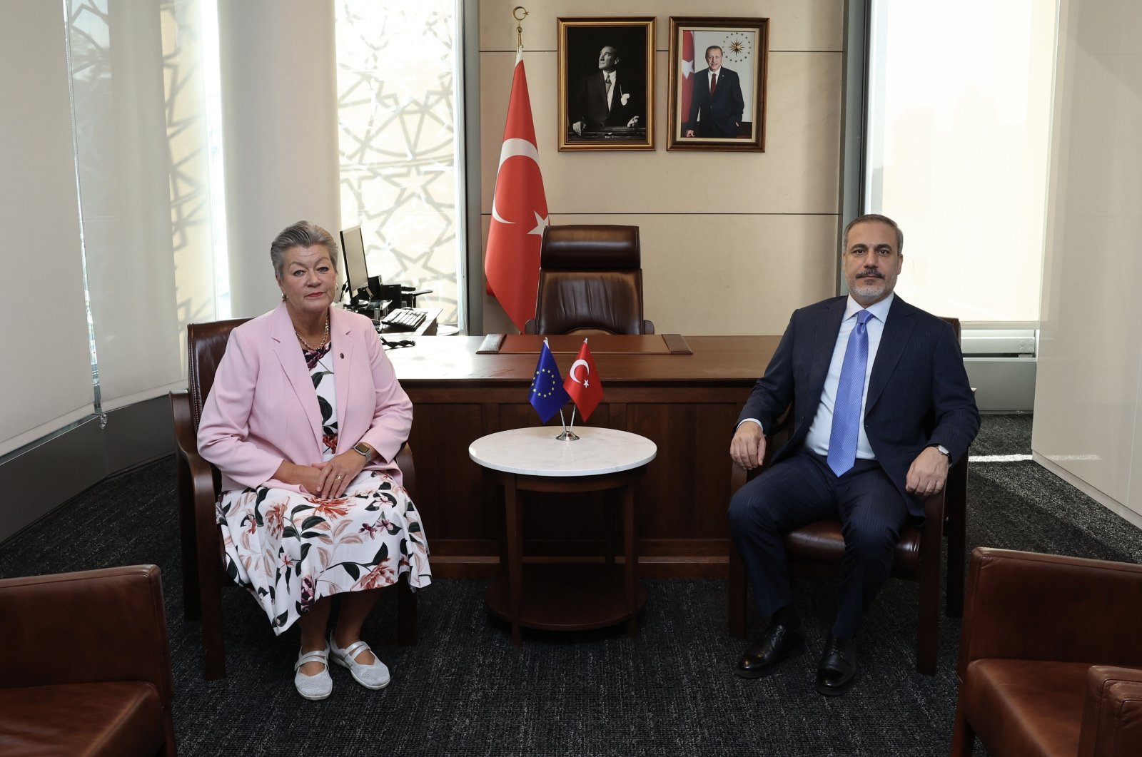 Foreign Minister Hakan Fidan, EU Commissioner for Home Affairs Ylva Johansson hold a meeting at the Turkish House in New York, Sept. 20, 2023. (AA Photo)