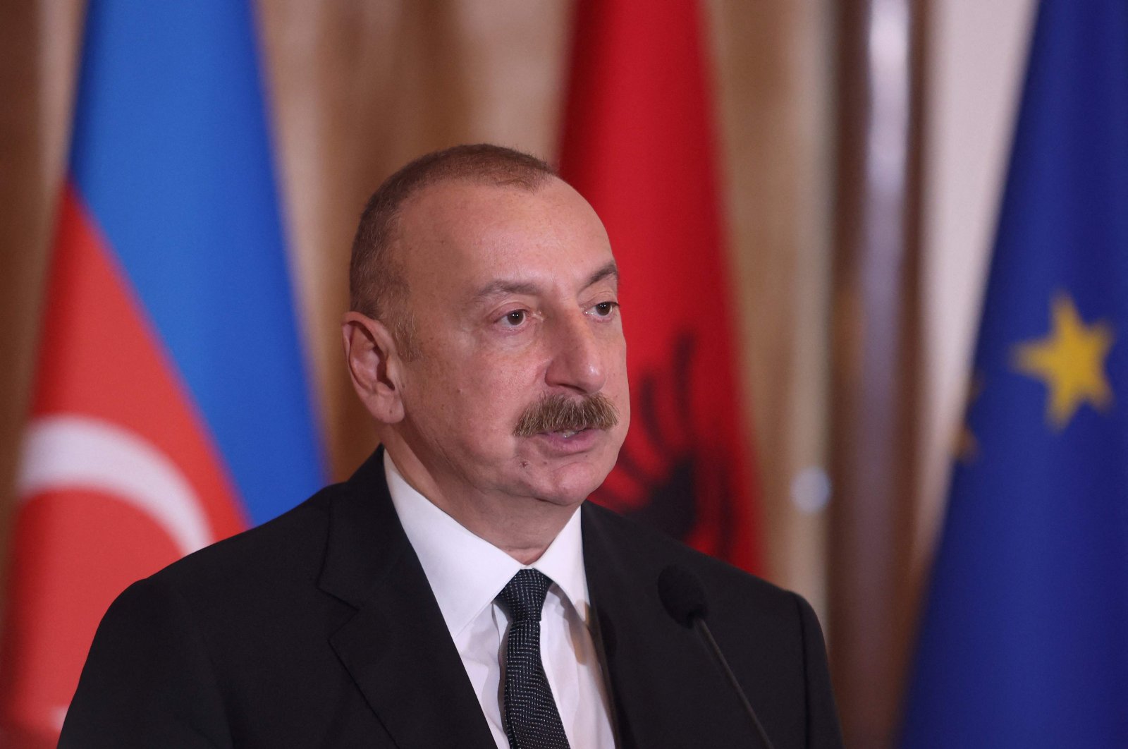  Azerbaijan&#039;s President Ilham Aliyev attends a news conference as part of his official visit to Albania at the Palace of Brigades in Tirana on Nov. 15, 2022. (AFP File Photo)