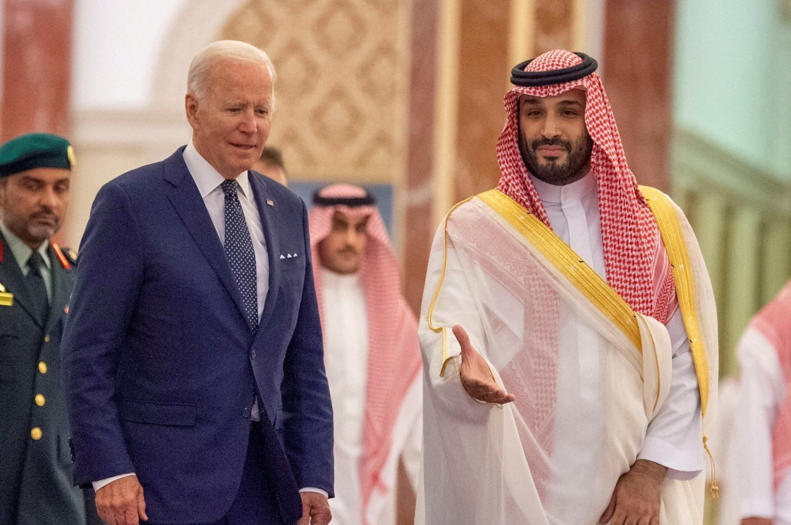 Saudi Crown Prince Mohammed bin Salman receives U.S. President Joe Biden at Al Salman Palace upon his arrival in Jeddah, Saudi Arabia, July 15, 2022. (Courtesy of Saudi Royal Court/Handout via Reuters, File Photo)