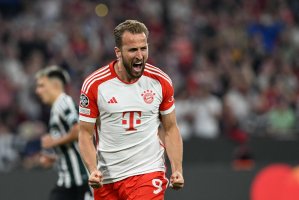 Bayern Munich's Harry Kane celebrates scoring the 3-1 goal from the penalty spot during the UEFA Champions League Group A football match FC Bayern Munich versus Manchester United, Munich, Germany, Sept. 20, 2023. (AFP Photo)
