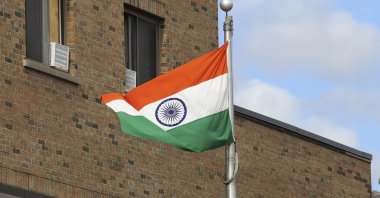 The Indian flag is seen flying at the High Commission of India in Ottawa, Canada, Sept. 20, 2023. (AP Photo)