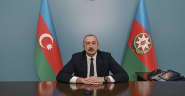 Azerbaijani President Ilham Aliyev delivers his speech to the Azeri people following the Azerbaijan&#039;s military operation in Nagorno-Karabakh, in Baku, Azerbaijan, Sept. 20, 2023. (EPA Photo)