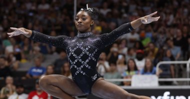 Simone Biles in action on the beam during the US Gymnastics Championships Women's Day 2 at SAP Center, San Jose, California, U.S., Aug. 27, 2023. (EPA Photo)