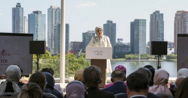 Turkish first lady Emine Erdoğan speaks at the "All Together, to the Better" event in New Yok, U.S., Sept. 20, 2023. (DHA Photo)