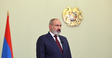 Armenia&#039;s Prime Minister Nikol Pashinian addresses the nation on the occasion of the 32nd anniversary of the independence of Armenia in Yerevan on Sept. 21, 2023. (Photo by Handout / Press Service of Armenian Prime Minister via AFP) 