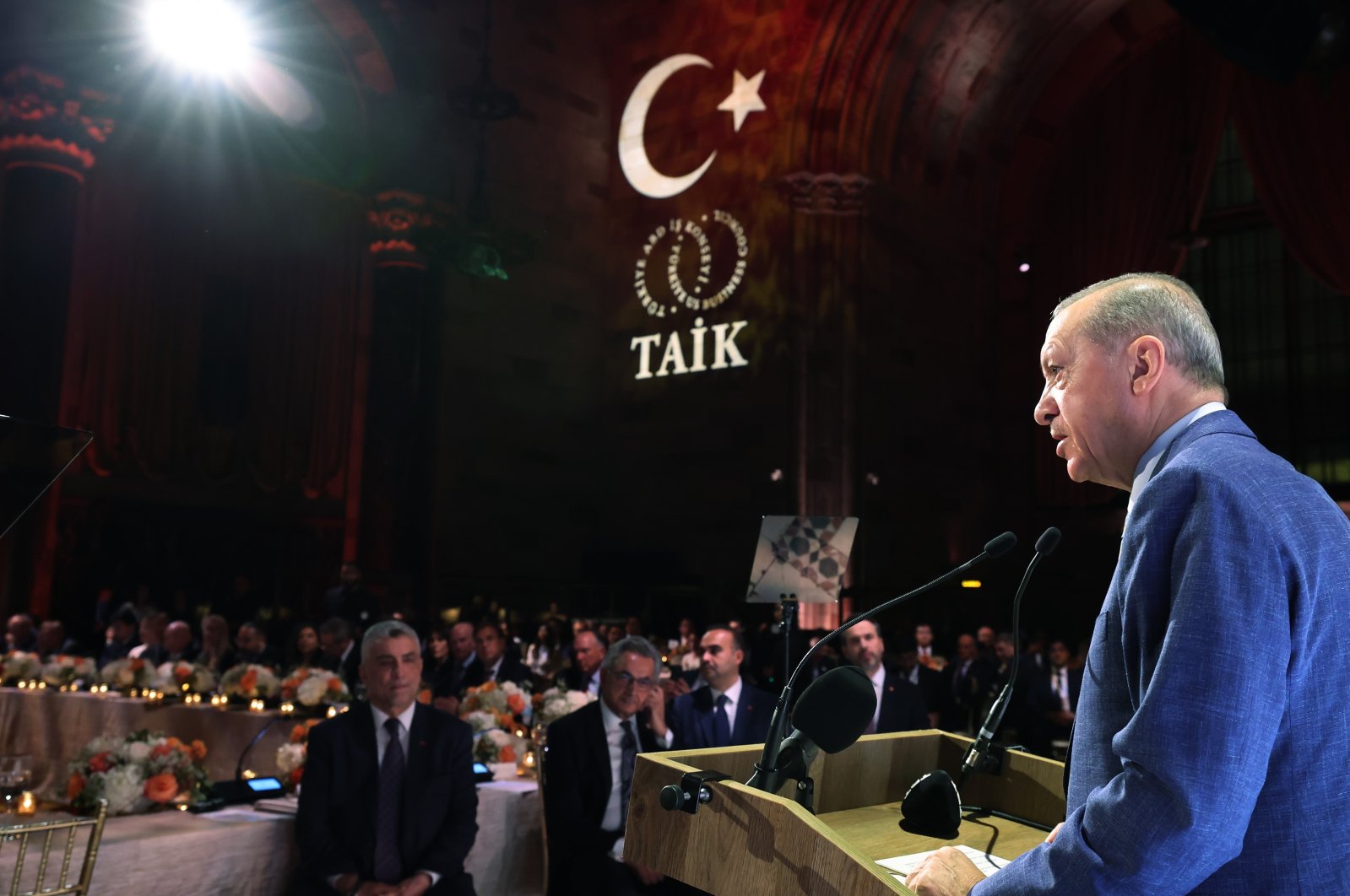 President Recep Tayyip Erdoğan delivers a speech at the 13th Turkish Investment Conference in New York, U.S., Sept. 21, 2023. (IHA Photo)