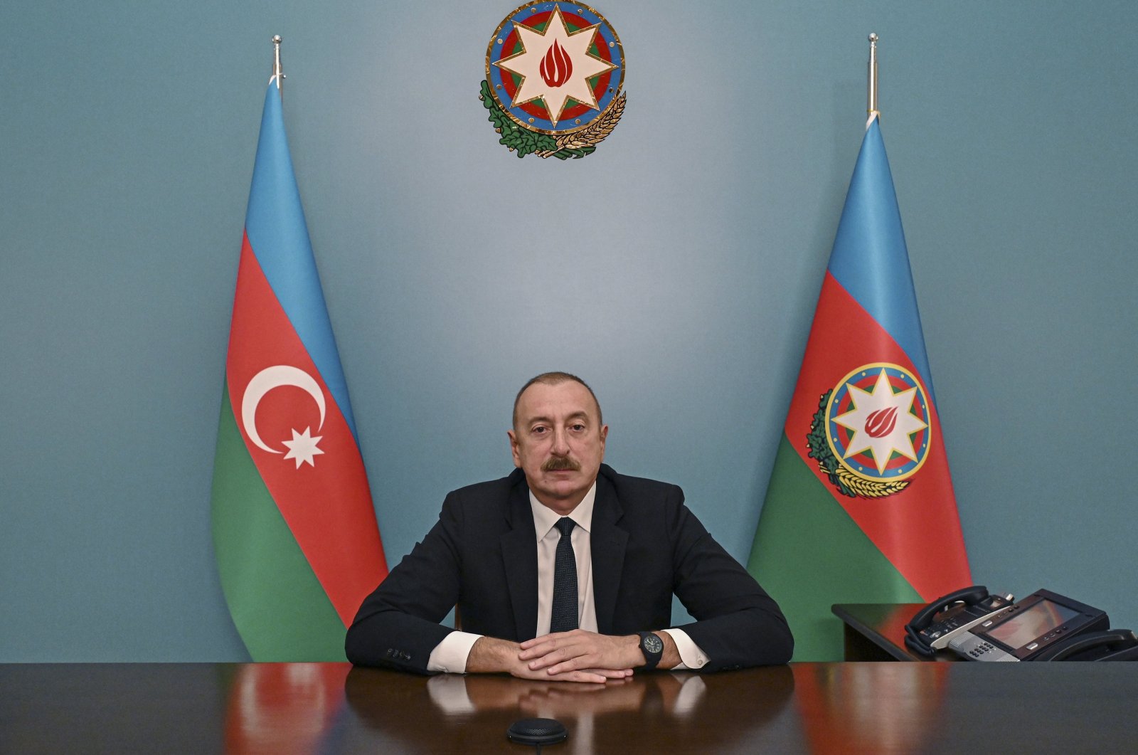 Azerbaijani President Ilham Aliyev delivers his speech to the Azeri people following the Azerbaijan&#039;s military operation in Nagorno-Karabakh, in Baku, Azerbaijan, Sept. 20, 2023. (EPA Photo)